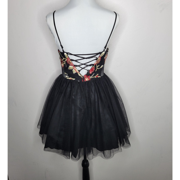 Mini Tulle Dress Balletcore Black Floral Layered Lace up Back 7 HoCo Formal - Picture 1 of 15